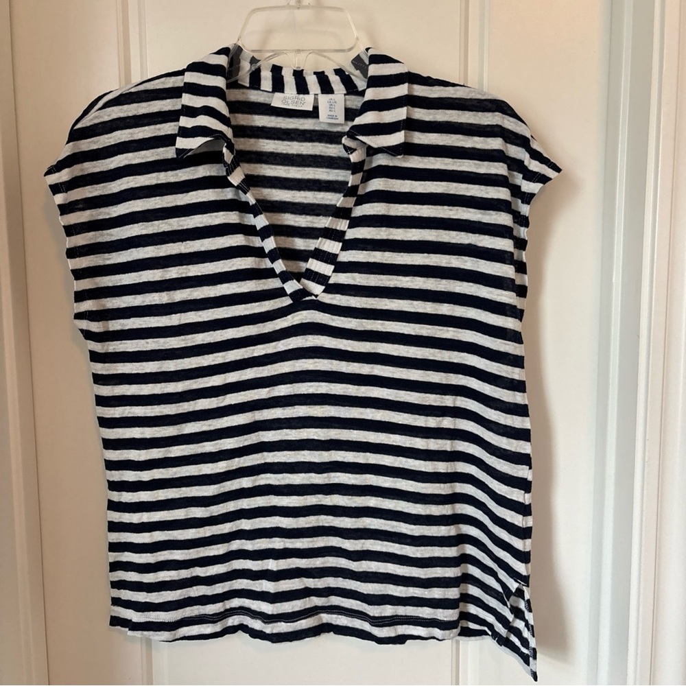 Sigrid Olsen Navy and White Striped Linen Shirt
